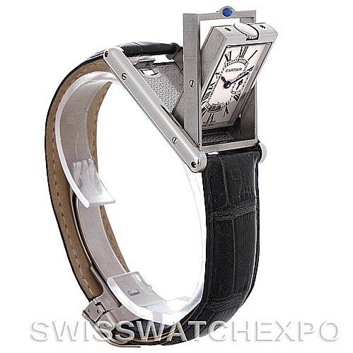 The image shows a Cartier Tank Basculante Men's Stainless Steel Silver Dial Men's Stainless Steel Silver Dial watch from a side angle with the case flipped open, revealing the dial and strap.
