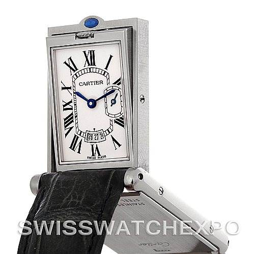 The image shows a Cartier Tank Basculante Men's Stainless Steel Silver Dial Men's Stainless Steel Silver Dial watch at an angled tilt, highlighting its reversible case and part of the strap.