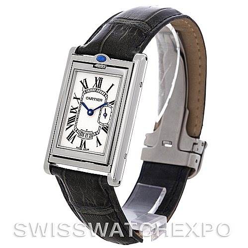 The image shows a Cartier Tank Basculante Men's Stainless Steel Silver Dial Men's Stainless Steel Silver Dial watch, angled slightly to the side, featuring its rectangular face and black leather strap.