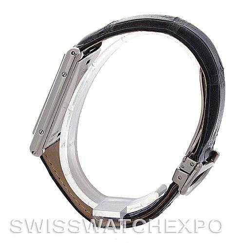 Side view of the Cartier Tank Basculante Men's Stainless Steel Silver Dial Men's Stainless Steel Silver Dial showing the case, leather strap, and buckle.