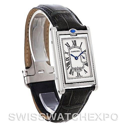 The image shows a side angle of the Cartier Tank Basculante Men's Stainless Steel Silver Dial Men's Stainless Steel Silver Dial watch, highlighting its rectangular dial, leather band, and clasp.