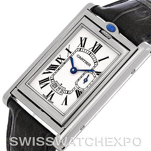 This image shows a Cartier Tank Basculante Men's Stainless Steel Silver Dial Men's Stainless Steel Silver Dial watch from a front angle, including the face and part of the strap.