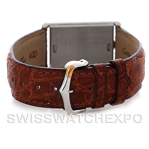 The image shows the back view of a Cartier Tank Basculante Men's Stainless Steel Silver Dial Men's Stainless Steel Silver Dial watch, focusing on the leather strap and metal buckle.