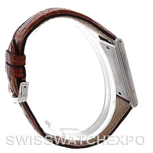 This side view of the Tank Basculante model by Cartier showcases its leather strap and metal case.