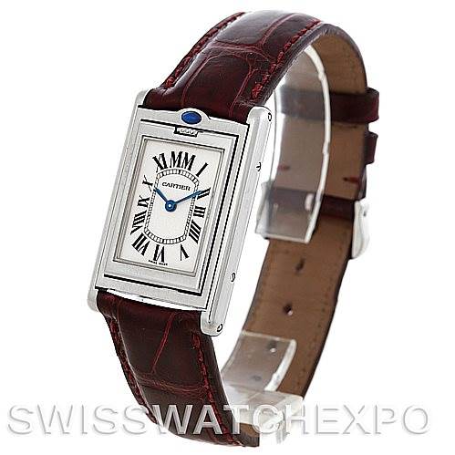 The image shows a Cartier Tank Basculante 2405 Women's Stainless Steel Silver Dial 2405 Women's Stainless Steel Silver Dial watch at a three-quarter angle, highlighting its face, leather strap, and rectangular case.