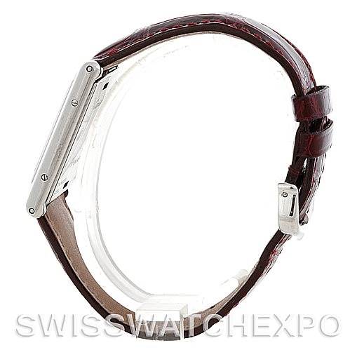 This image shows a side view of a Tank Basculante model by Cartier, highlighting the case and leather strap with a buckle.