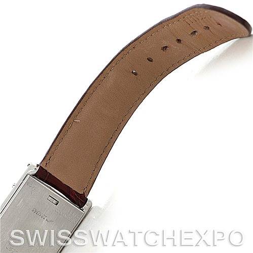 The image shows the underside of the leather strap and clasp of a Cartier Tank Basculante 2405 Women's Stainless Steel Silver Dial 2405 Women's Stainless Steel Silver Dial watch.