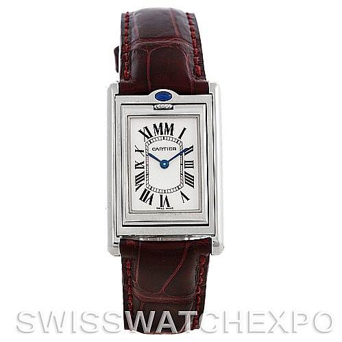 The image shows a frontal view of a Cartier Tank Basculante 2405 Women's Stainless Steel Silver Dial 2405 Women's Stainless Steel Silver Dial watch, displaying the face, dial, and leather strap.