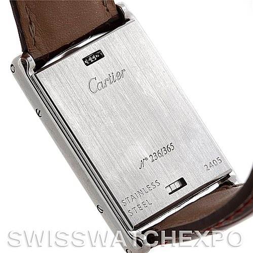 The image shows the back case of a Cartier Tank Basculante 2405 Women's Stainless Steel Silver Dial 2405 Women's Stainless Steel Silver Dial watch, revealing its metal finish and engravings.