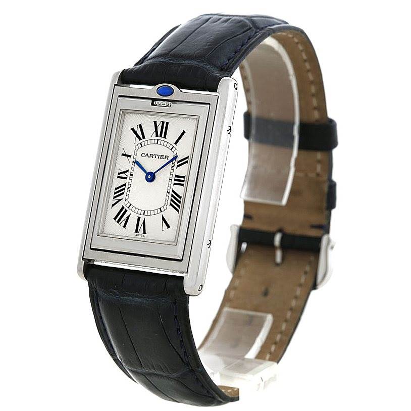 The image shows a Cartier Tank Basculante Men's Stainless Steel Silver Dial Men's Stainless Steel Silver Dial watch angled slightly to the right, displaying the face, bezel, and strap.