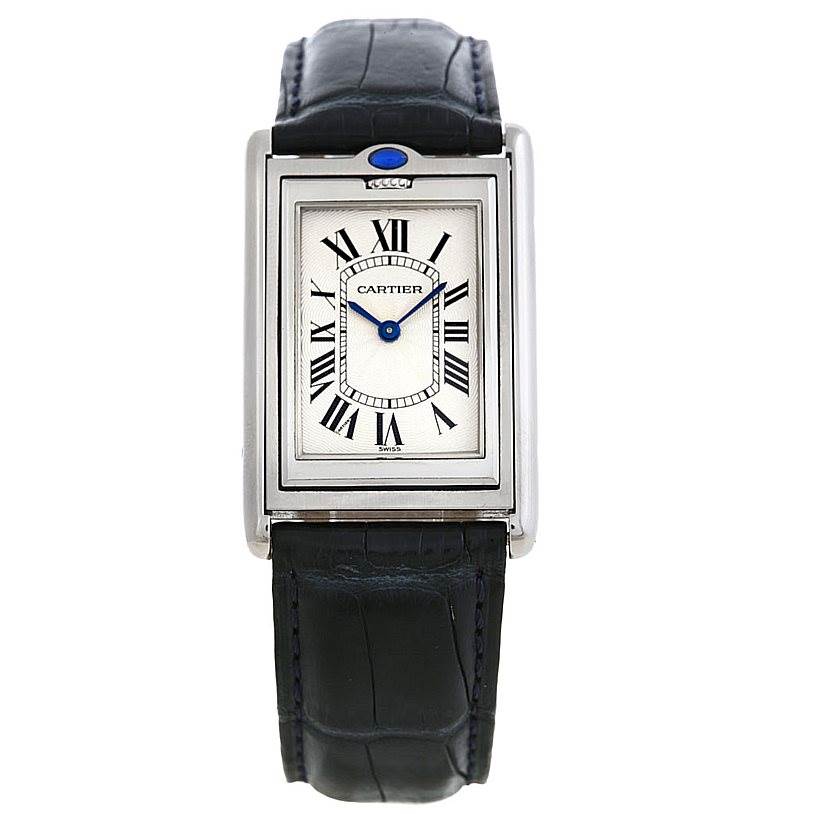 This image shows a frontal view of the Cartier Tank Basculante Men's Stainless Steel Silver Dial Men's Stainless Steel Silver Dial watch, highlighting its face, case, and strap.