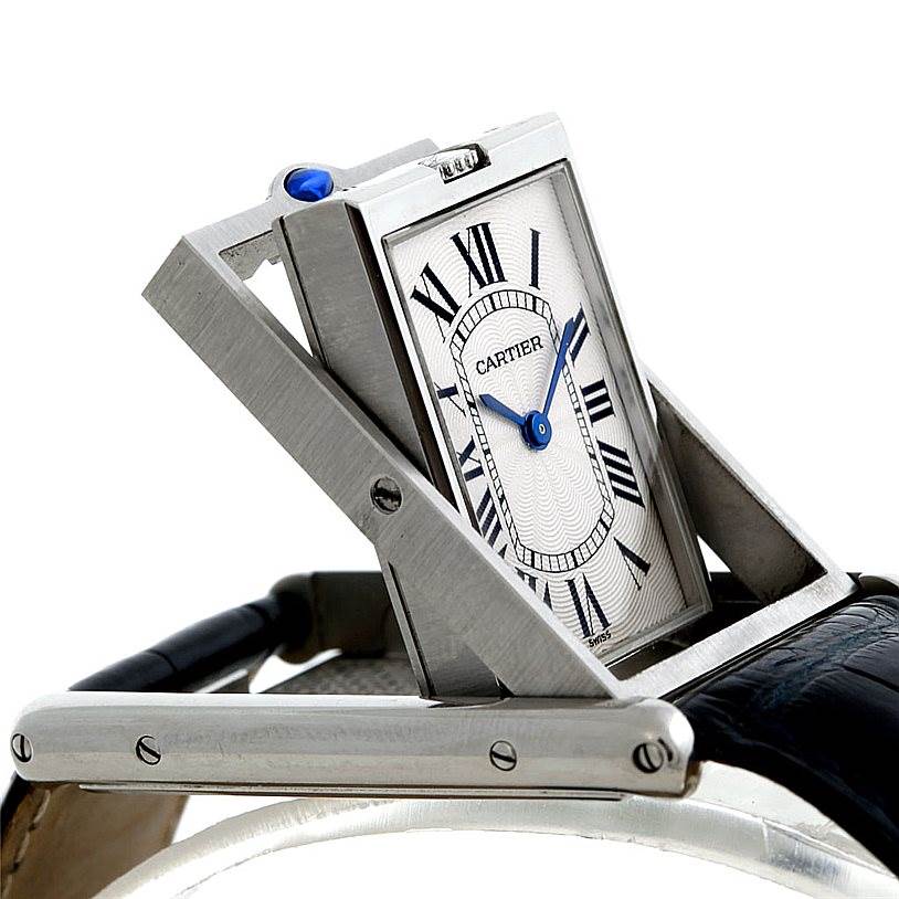 The image shows the Cartier Tank Basculante Men's Stainless Steel Silver Dial Men's Stainless Steel Silver Dial watch at an inclined angle, highlighting its unique swivel mechanism and rectangular dial.