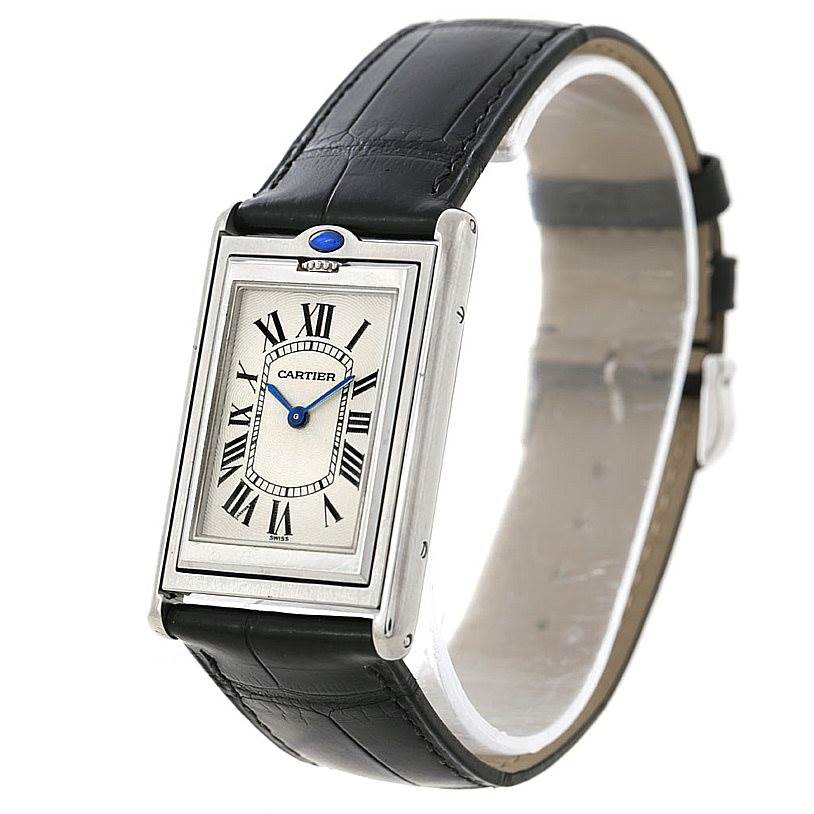 The image shows a Cartier Tank Basculante W1011358 Men's Stainless Steel Silver Dial W1011358 Men's Stainless Steel Silver Dial watch from a front angle, highlighting its face and leather strap.