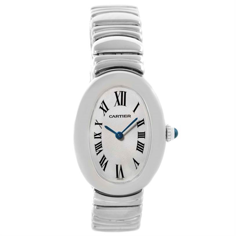 The Cartier Baignoire W15133L2 Women's White Gold Silver Dial W15133L2 Women's White Gold Silver Dial watch is shown from a front angle, displaying the dial, hands, Roman numerals, case, and part of the bracelet.