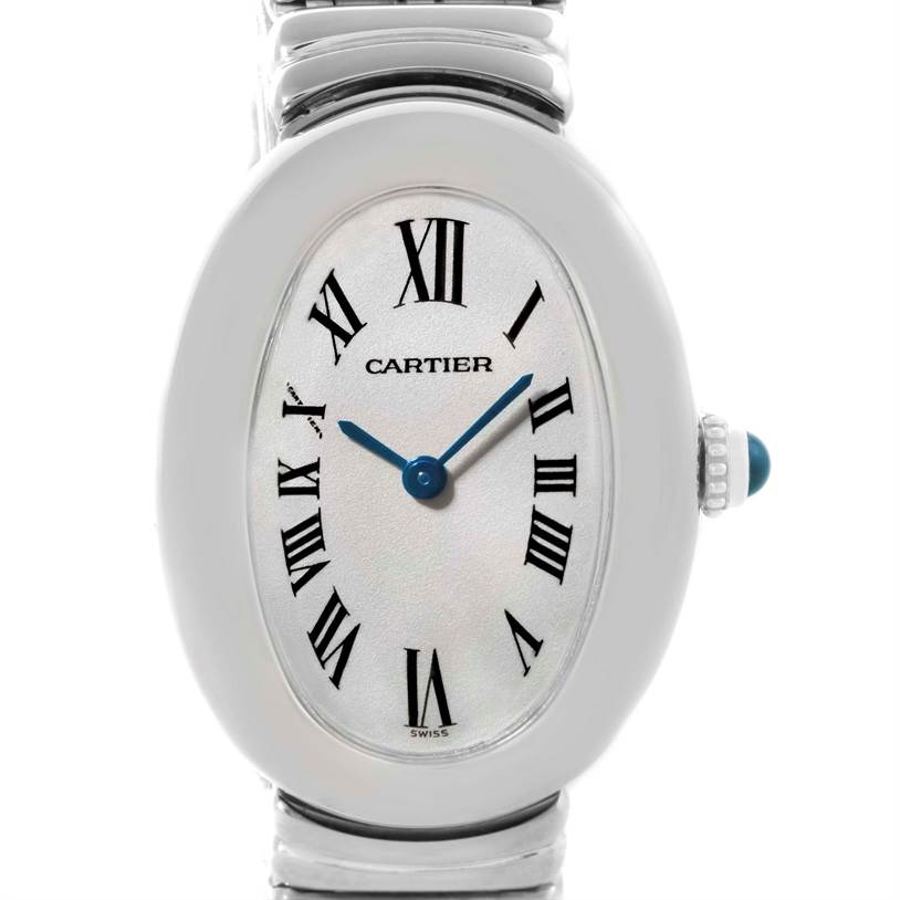 This image shows a frontal view of a Cartier Baignoire W15133L2 Women's White Gold Silver Dial W15133L2 Women's White Gold Silver Dial watch, highlighting its oval dial and Roman numeral markers.