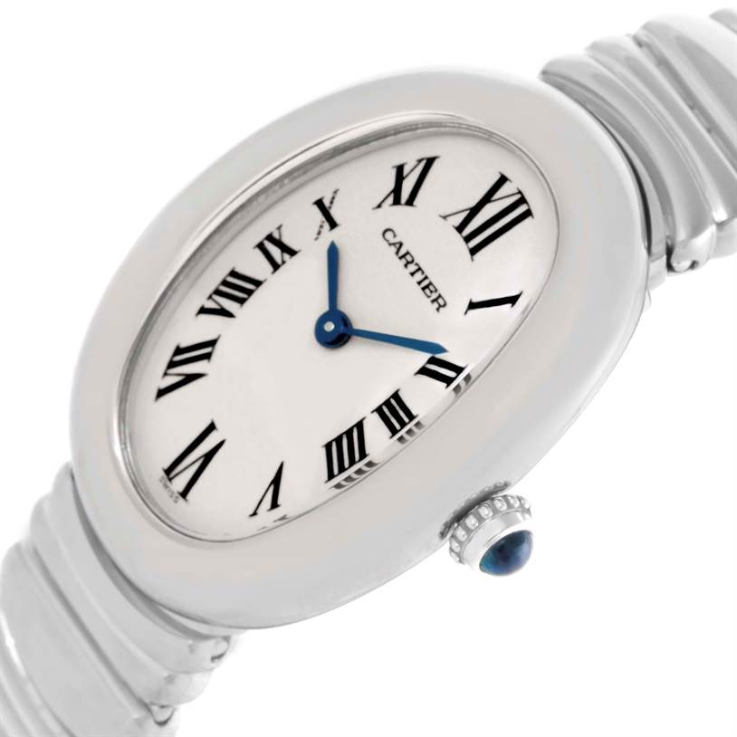 The Cartier Baignoire W15133L2 Women's White Gold Silver Dial W15133L2 Women's White Gold Silver Dial watch is shown at an angle featuring the face, crown, and part of the bracelet.