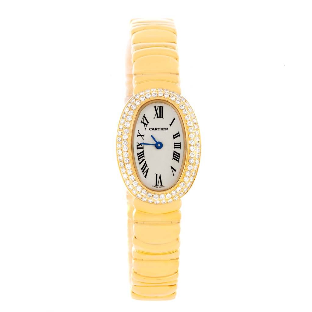 The image shows a front view of the Cartier Baignoire WB5094D8 Women's Yellow Gold Silver Dial WB5094D8 Women's Yellow Gold Silver Dial watch, featuring its dial, band, and bejeweled bezel.