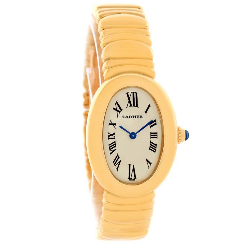 The Cartier Baignoire Women's Yellow Gold Silver Dial Women's Yellow Gold Silver Dial watch is shown from a front angle, highlighting the oval face, Roman numerals, and gold bracelet.