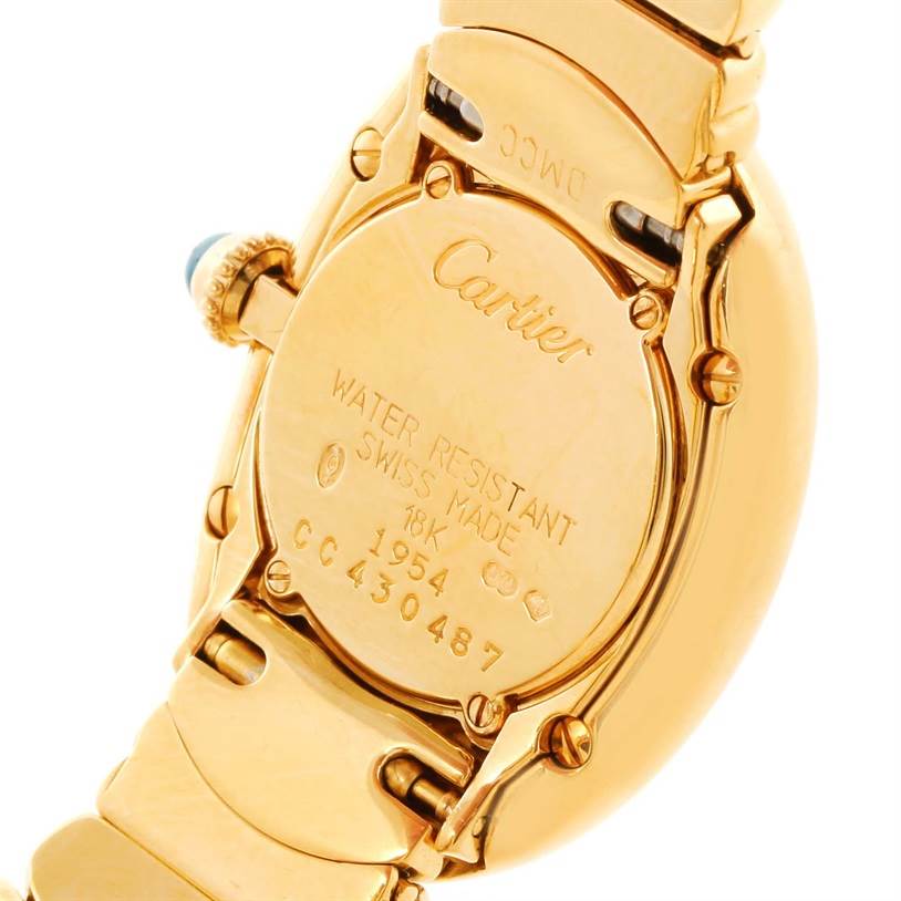 The image shows the back of the Cartier Baignoire Women's Yellow Gold Silver Dial Women's Yellow Gold Silver Dial watch, displaying its case details and bracelet.