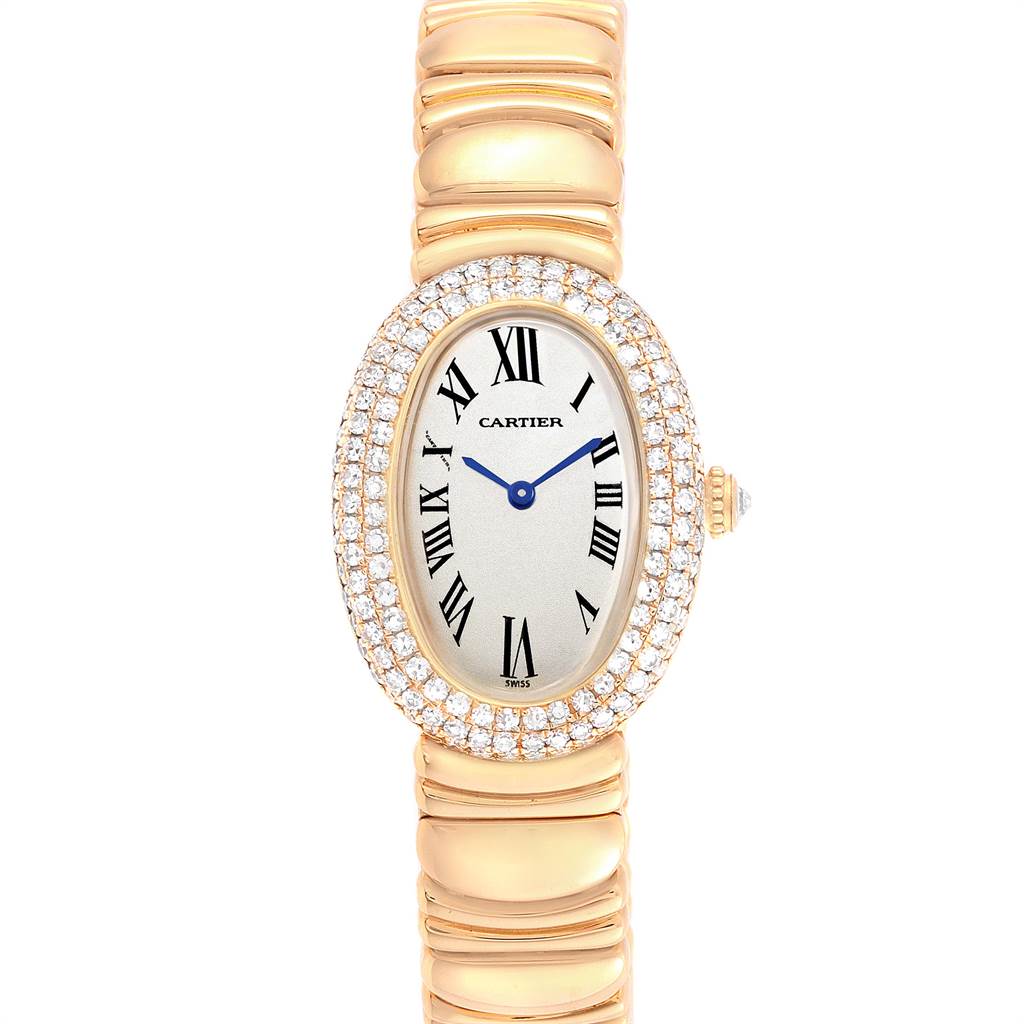 This image shows a Cartier Baignoire 1950 Women's Yellow Gold Silver Dial 1950 Women's Yellow Gold Silver Dial watch from a front angle, highlighting the dial, bezel, and part of the band.