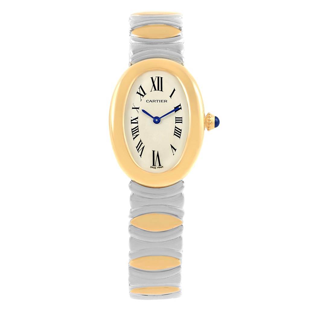 This is a frontal view of the Cartier Baignoire W15045D8 Women's Yellow Gold Silver Dial W15045D8 Women's Yellow Gold Silver Dial watch showcasing its dial, case, crown, and partial strap.