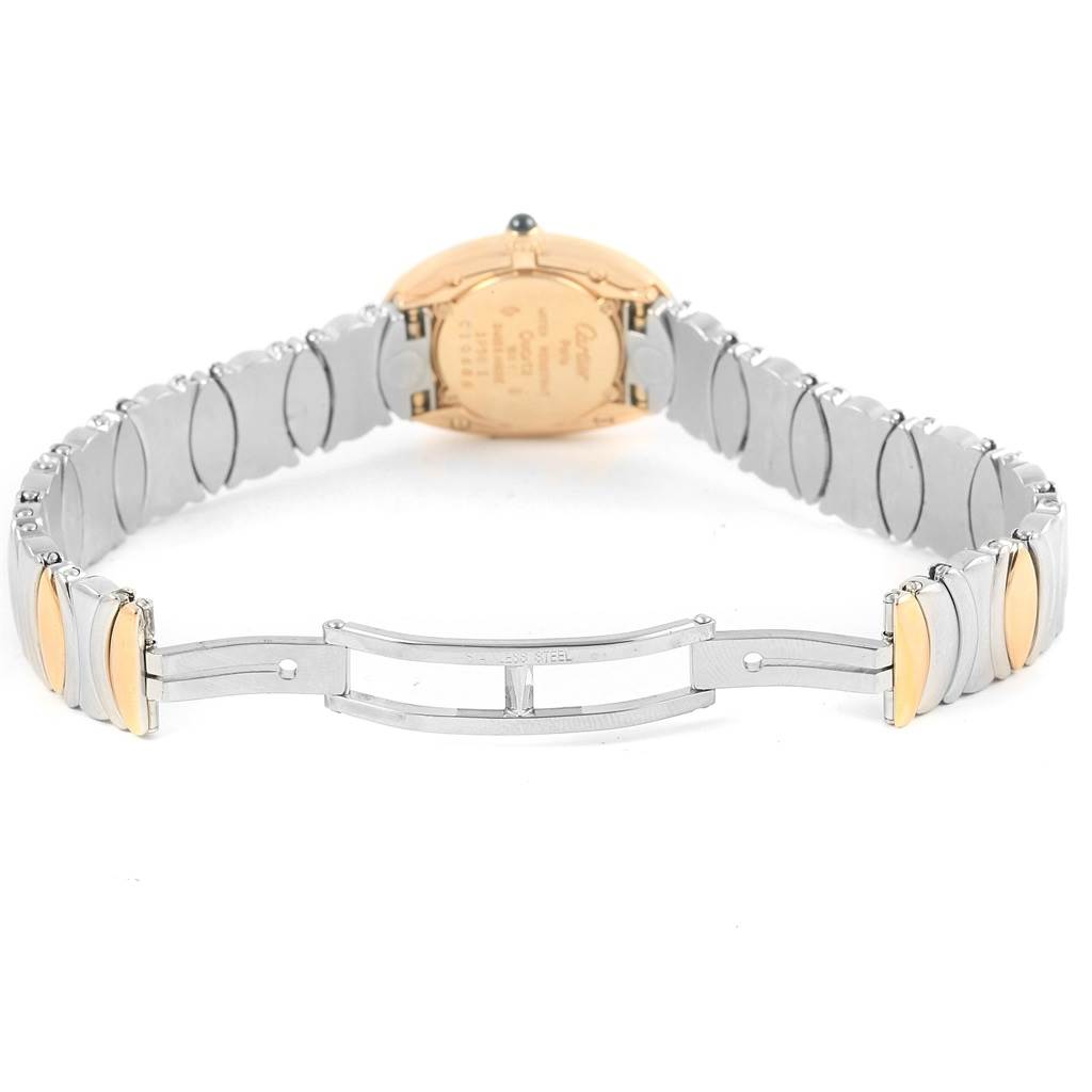 This image shows the back view of a Baignoire model watch by Cartier, focusing on the bracelet and clasp.