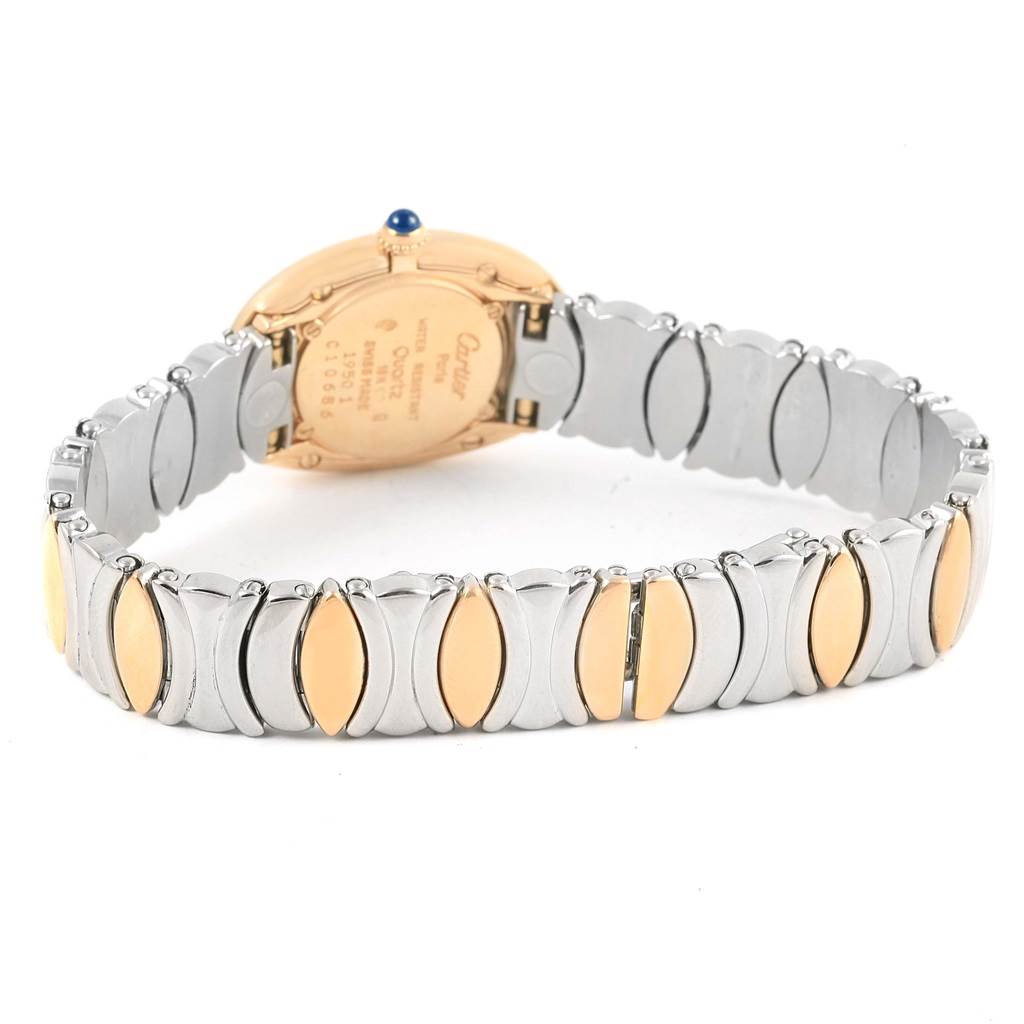 The image shows the back view of the Cartier Baignoire W15045D8 Women's Yellow Gold Silver Dial W15045D8 Women's Yellow Gold Silver Dial model watch, focusing on its case, bracelet, and clasp.