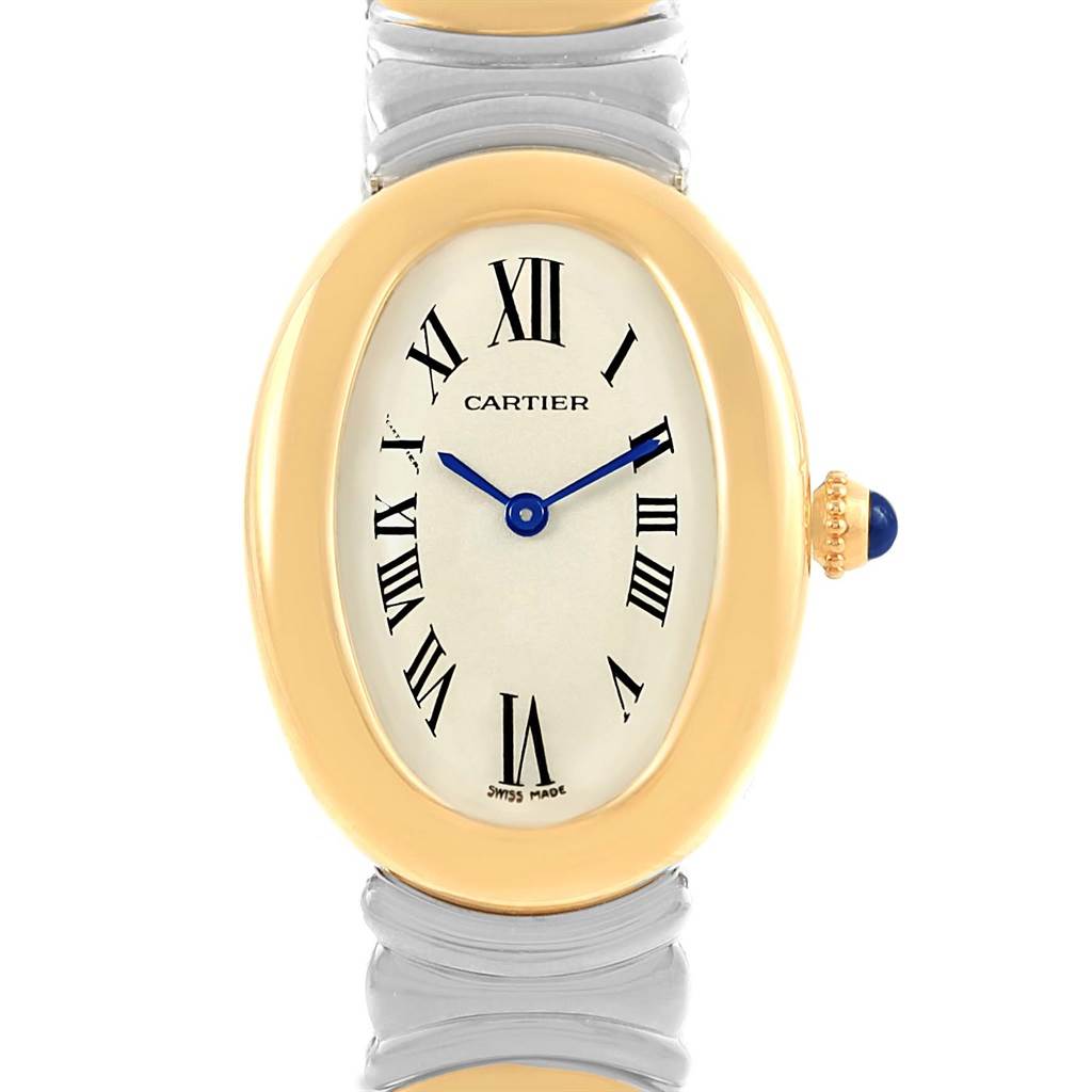 This image shows a frontal view of the Cartier Baignoire W15045D8 Women's Yellow Gold Silver Dial W15045D8 Women's Yellow Gold Silver Dial watch, highlighting its oval dial, Roman numerals, and gold case.