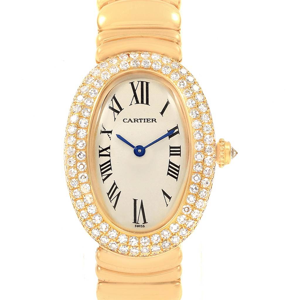 The Cartier Baignoire 1950 Women's Yellow Gold Silver Dial 1950 Women's Yellow Gold Silver Dial watch is shown from a frontal angle, displaying the dial and the upper part of the band.