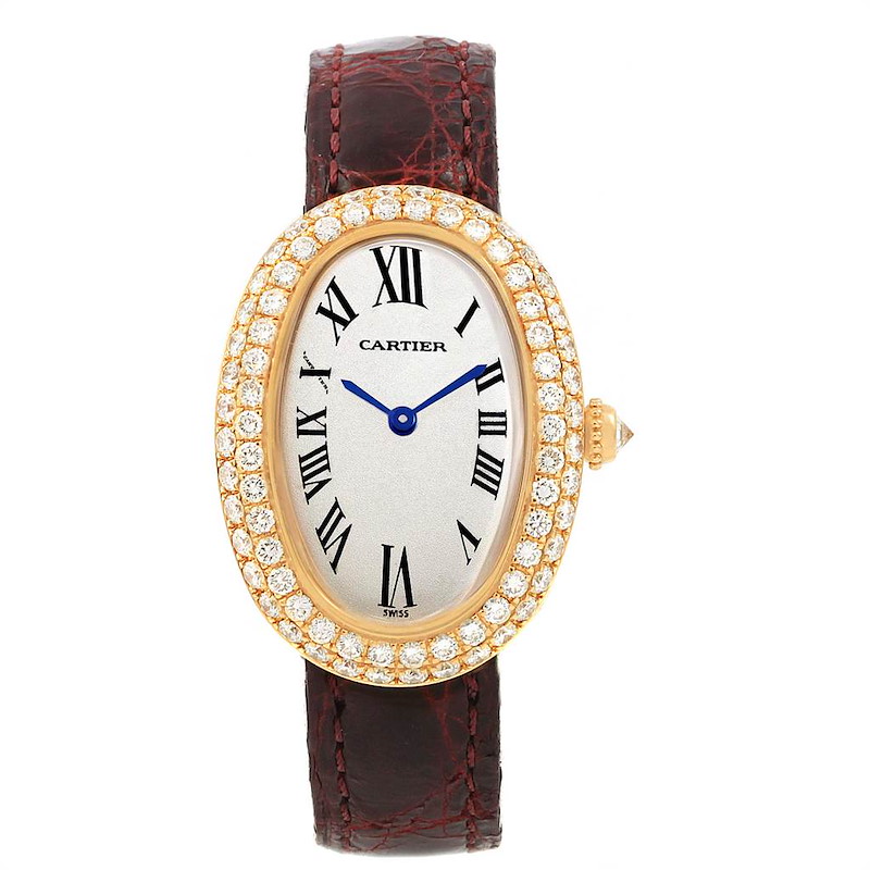 Cartier Baignoire Burgundy Strap Yellow Gold Diamond Ladies Watch 1954 SwissWatchExpo
