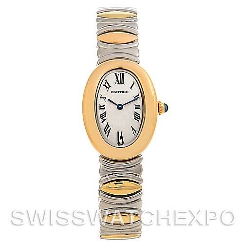 This image shows a frontal view of a Cartier Baignoire W15045D8 Women
s Yellow Gold Silver Dial W15045D8 Women
s Yellow Gold Silver Dial watch, featuring the bezel, dial with Roman numerals, crown, and two-tone bracelet.