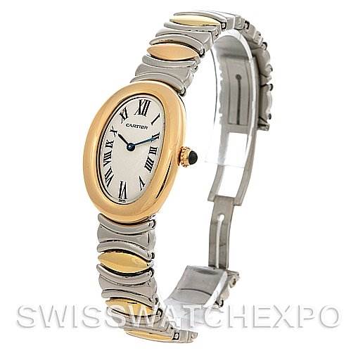 This image shows a Cartier Baignoire W15045D8 Women
s Yellow Gold Silver Dial W15045D8 Women
s Yellow Gold Silver Dial watch, angled slightly from the right, displaying its oval dial, Roman numerals, and two-tone bracelet.
