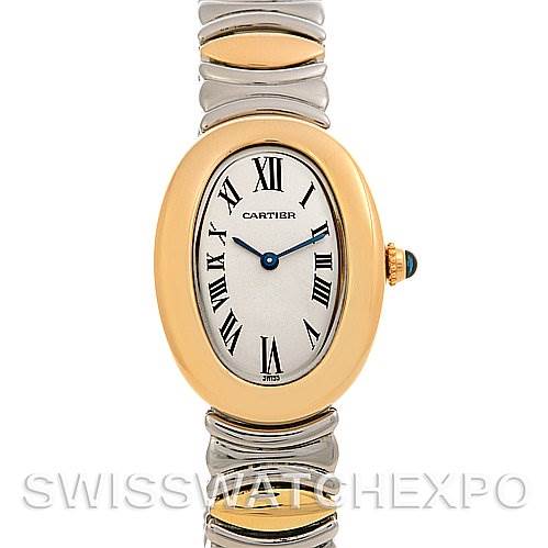 The image shows a front view of the Cartier Baignoire W15045D8 Women
s Yellow Gold Silver Dial W15045D8 Women
s Yellow Gold Silver Dial watch, displaying the face, case, and part of the bracelet.