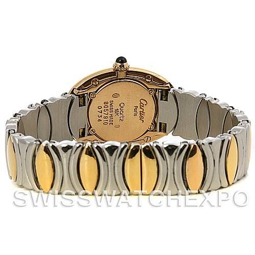 This image shows the back view of a Cartier Baignoire W15045D8 Women
s Yellow Gold Silver Dial W15045D8 Women
s Yellow Gold Silver Dial watch, focusing on the case back and two-tone stainless steel and gold bracelet.