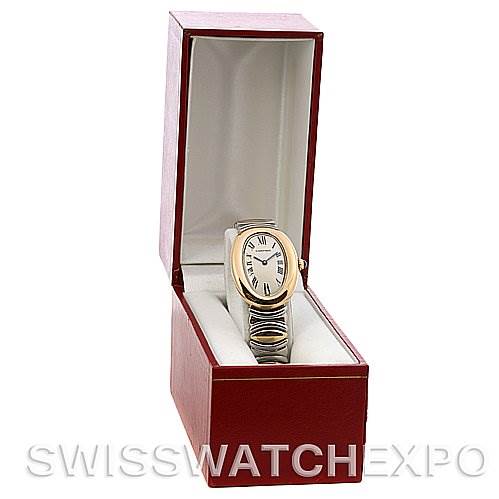 The image shows the Cartier Baignoire W15045D8 Women
s Yellow Gold Silver Dial W15045D8 Women
s Yellow Gold Silver Dial watch from a front angle, displayed in an open red box.