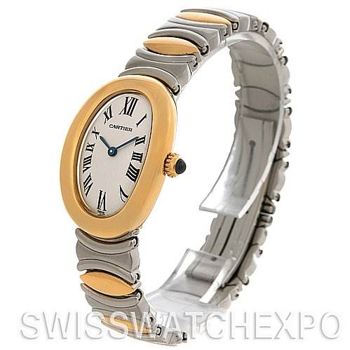 The image shows a side angle of the Cartier Baignoire W15045D8 Women's Yellow Gold Silver Dial W15045D8 Women's Yellow Gold Silver Dial watch, highlighting its bracelet, oval face, Roman numeral dial, and crown.