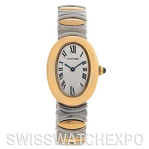 This image shows a Cartier Baignoire W15045D8 Women's Yellow Gold Silver Dial W15045D8 Women's Yellow Gold Silver Dial watch featuring an oval face, Roman numerals, and a mixed metal strap, from a front view angle.