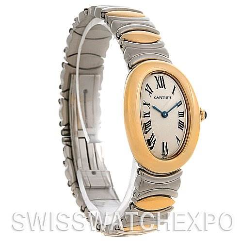 The image shows a Cartier Baignoire W15045D8 Women's Yellow Gold Silver Dial W15045D8 Women's Yellow Gold Silver Dial watch at a three-quarter angle, highlighting its oval face and unique metal bracelet.