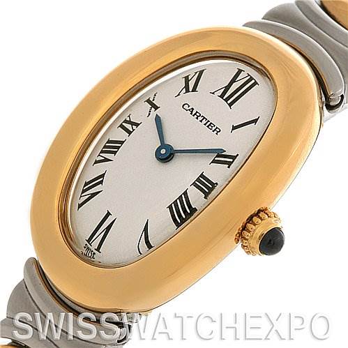 This image shows a close-up side angle of the Cartier Baignoire W15045D8 Women's Yellow Gold Silver Dial W15045D8 Women's Yellow Gold Silver Dial watch, highlighting its face, oval-shaped bezel, and crown.