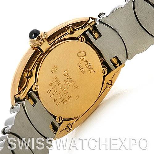 This image shows the back view of a Cartier Baignoire W15045D8 Women's Yellow Gold Silver Dial W15045D8 Women's Yellow Gold Silver Dial model watch, highlighting the case back and metal bracelet.