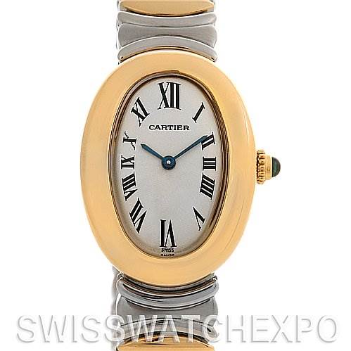 This image shows a front view of the Cartier Baignoire W15045D8 Women's Yellow Gold Silver Dial W15045D8 Women's Yellow Gold Silver Dial watch, highlighting its oval face, gold bezel, Roman numerals, and metal strap.