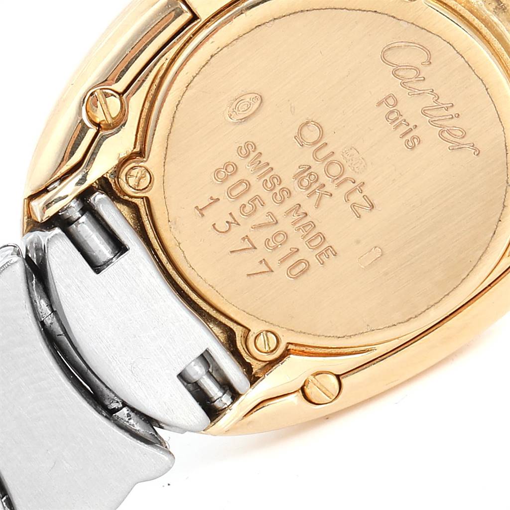 The image shows the back case and part of the bracelet clasp of a Cartier Baignoire W15045D8 Women's Yellow Gold Silver Dial W15045D8 Women's Yellow Gold Silver Dial watch.