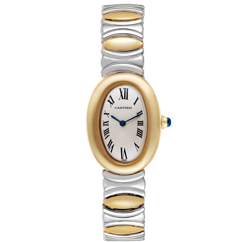 The image shows a front view of the Cartier Baignoire W15045D8 Women's Yellow Gold Silver Dial W15045D8 Women's Yellow Gold Silver Dial watch, featuring its oval dial and two-tone metal bracelet.