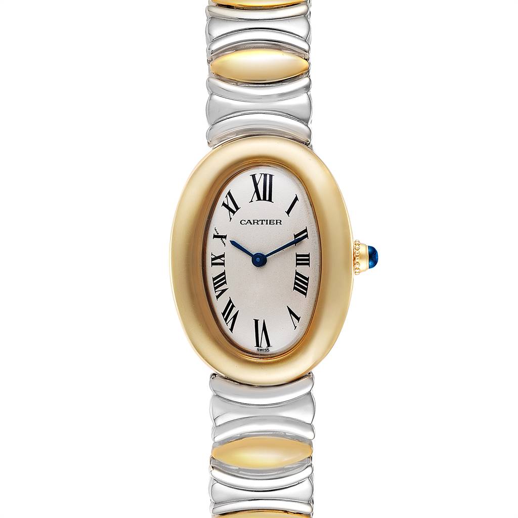This image shows the front view of a Cartier Baignoire W15045D8 Women's Yellow Gold Silver Dial W15045D8 Women's Yellow Gold Silver Dial watch, featuring its oval dial, Roman numerals, and bracelet.