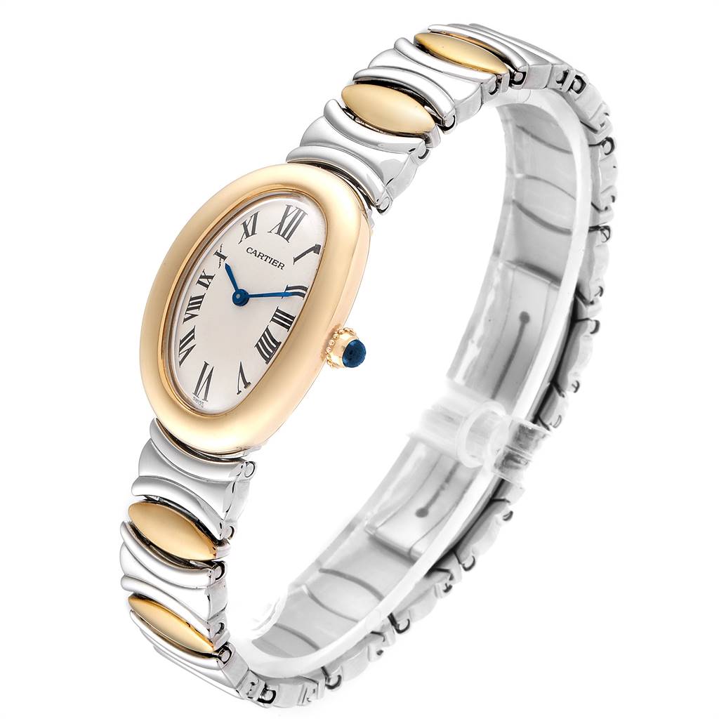 The image shows a Cartier Baignoire W15045D8 Women's Yellow Gold Silver Dial W15045D8 Women's Yellow Gold Silver Dial watch at a slight side angle, displaying its oval case and distinctive bracelet links.
