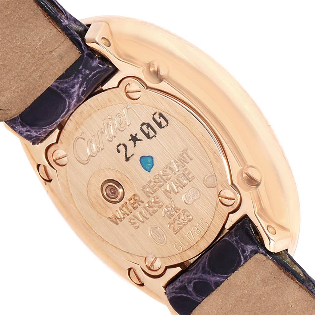 The image shows the back case of a Cartier Baignoire 2333 Women's Rose Gold Silver Dial 2333 Women's Rose Gold Silver Dial watch, displaying the serial number, water resistance, and strap attachments.