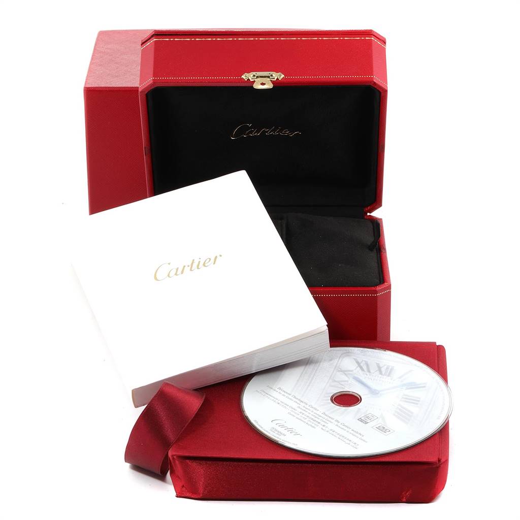 The image shows a Cartier Baignoire 2333 Women's Rose Gold Silver Dial 2333 Women's Rose Gold Silver Dial watch box, booklet, and CD from a front angle.