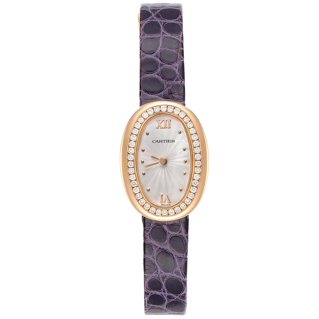 This image shows a frontal view of the Cartier Baignoire 2333 Women's Rose Gold Silver Dial 2333 Women's Rose Gold Silver Dial watch, featuring a diamond-studded bezel and a purple leather strap.