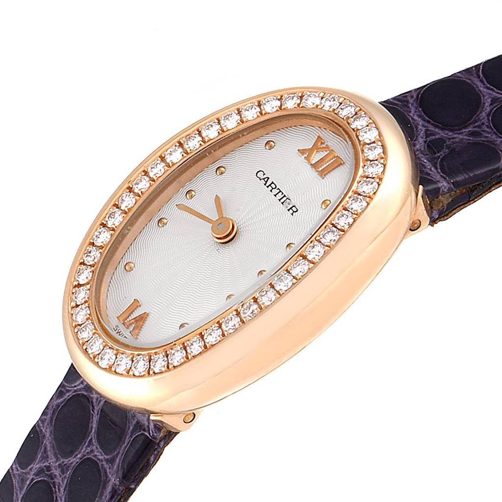 The image shows a Cartier Baignoire 2333 Women's Rose Gold Silver Dial 2333 Women's Rose Gold Silver Dial watch at an angle, highlighting its diamond-encrusted bezel and purple strap.
