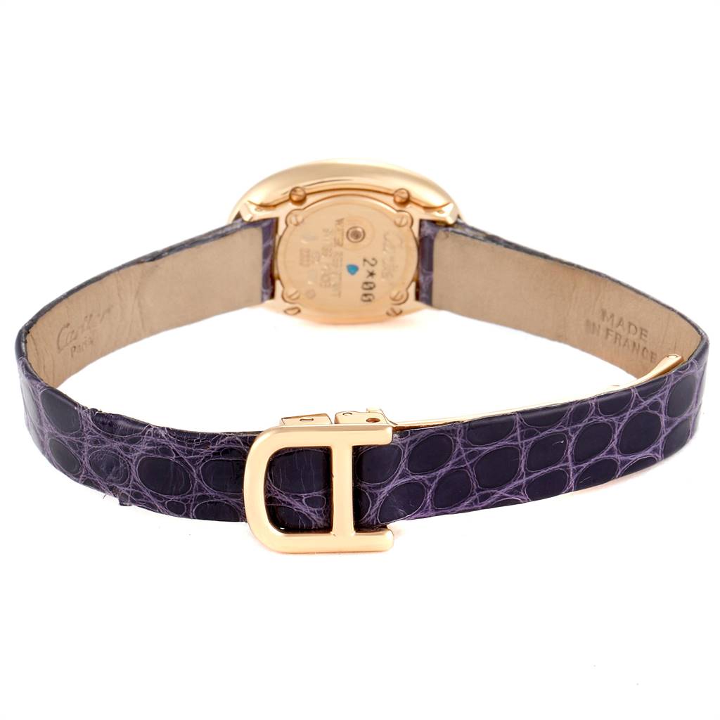 The image shows the back of a Cartier Baignoire 2333 Women's Rose Gold Silver Dial 2333 Women's Rose Gold Silver Dial watch at a slight angle, highlighting the strap and buckle.